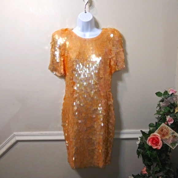 Vintage 80's Black Tie Oleg Cassini Peach Spangled "Mermaid" Cocktail Dress - Picture 13 of 13